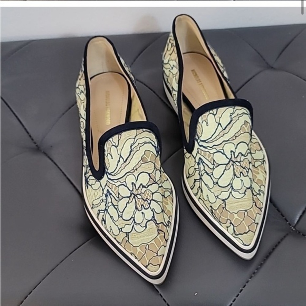 Nicholas Kirkwood Green Lace and Suede Trim Alona Pointed Toe Platform